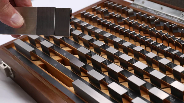 A close up of the keyboard with metal blocks