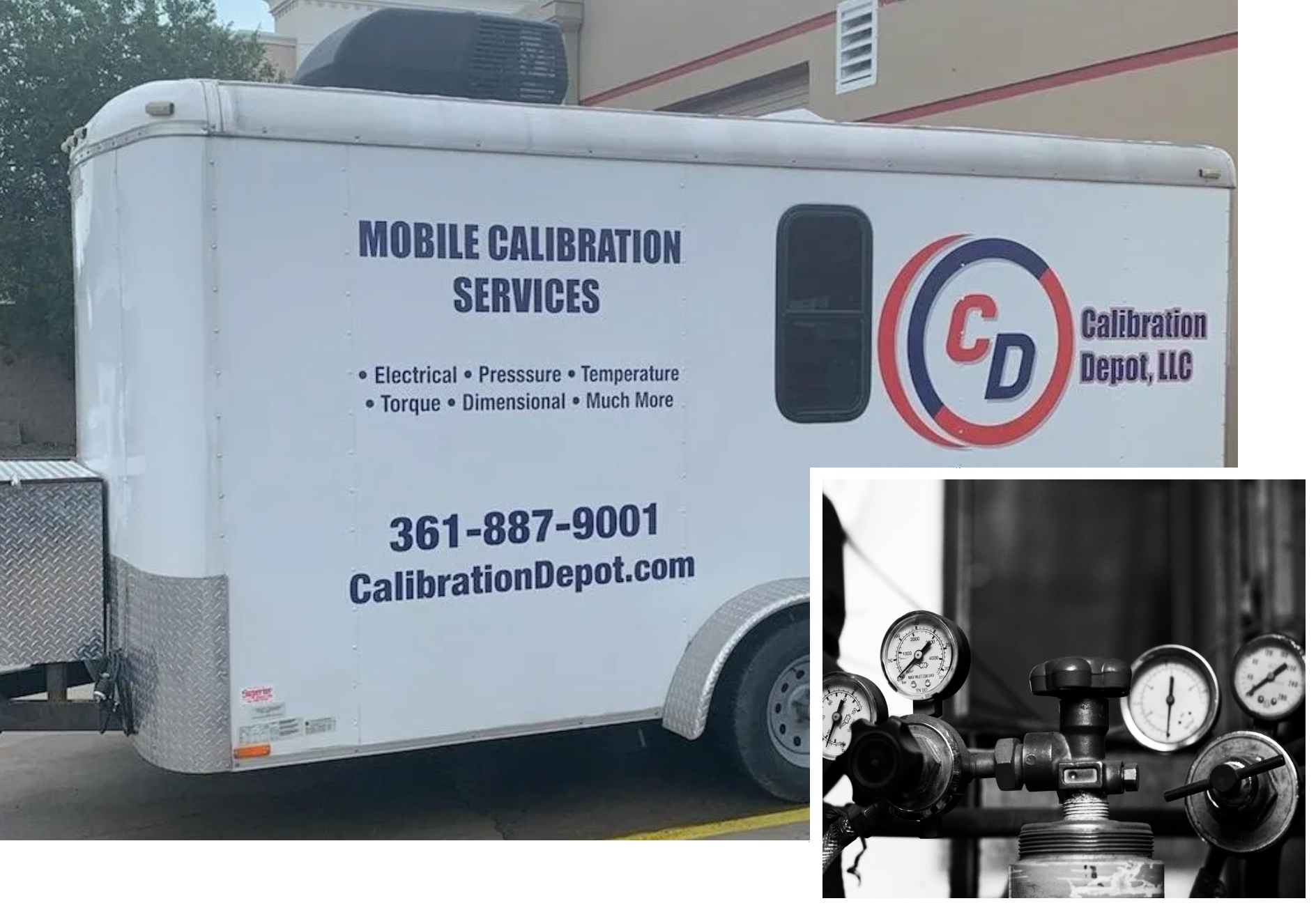 A mobile calibration services truck and a picture of the same vehicle.