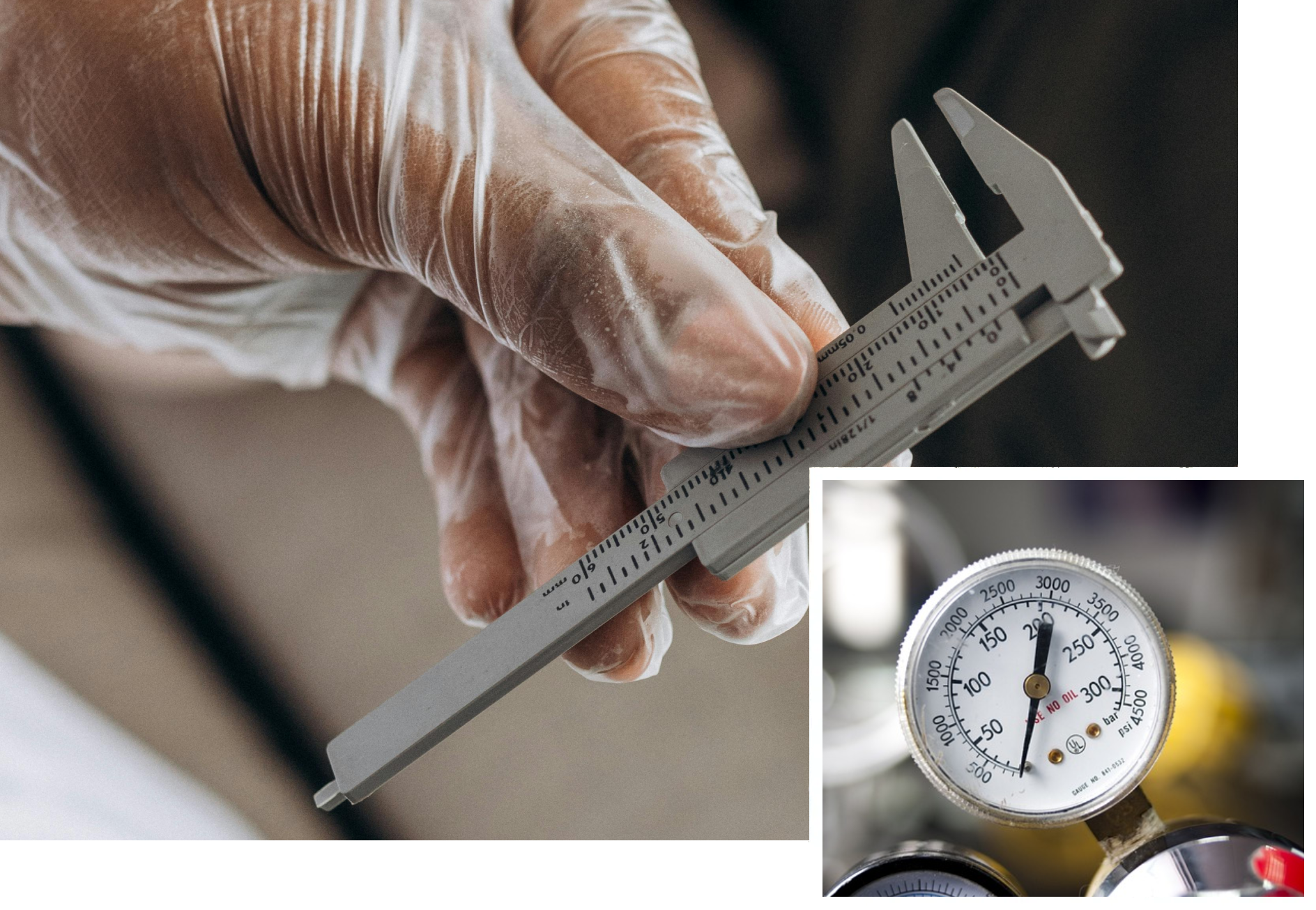 A close up of a person holding a caliper and a picture of an air gauge